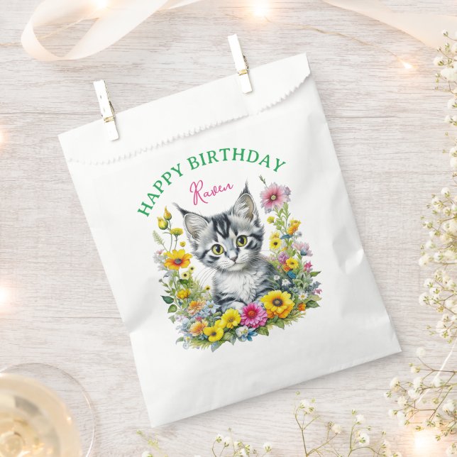 Grey Kitten Themed  Girl's Birthday Personalised Favour Bags (Clipped)