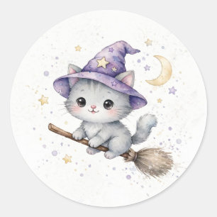 Grey Kitten Witch on Broomstick Halloween Classic Round Sticker