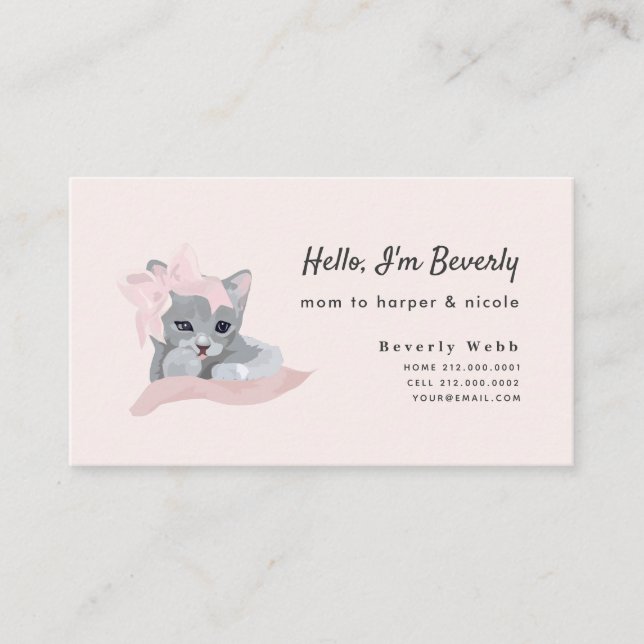 Grey Kitten with Pink Ribbon Mummy Business Card (Front)