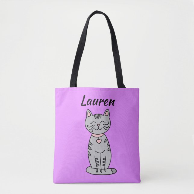 Grey Kitty Cat Personalised Tote Bag (Front)