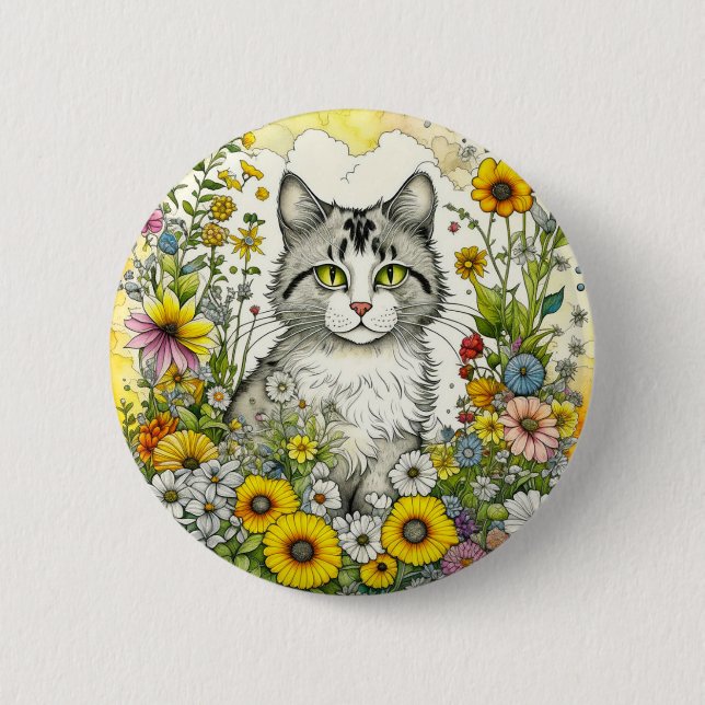 Grey Kitty Cat Sitting in Flowers  6 Cm Round Badge (Front)