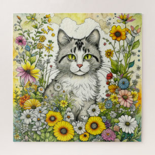 Grey Kitty Cat Sitting in Flowers  Jigsaw Puzzle