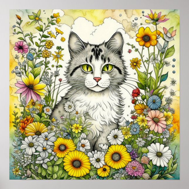 Grey Kitty Cat Sitting in Flowers  Poster (Front)