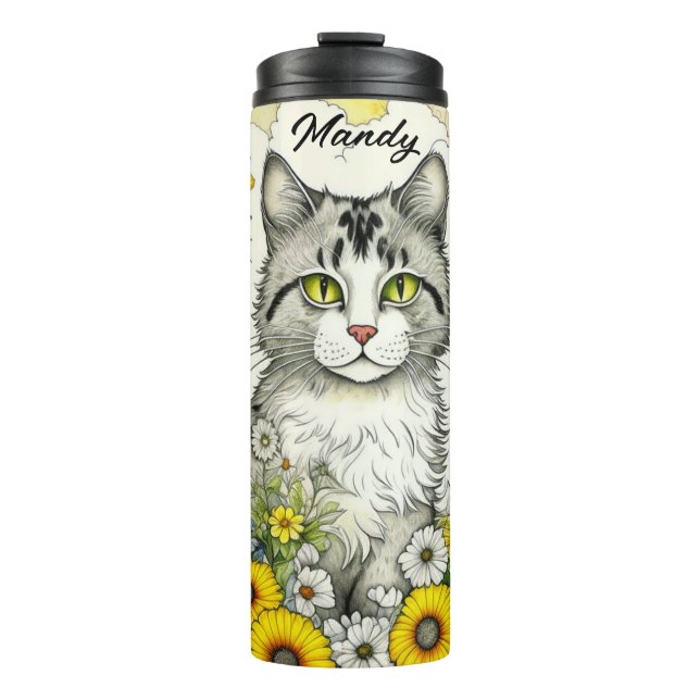 Grey Kitty Cat Sitting in Flowers  Thermal Tumbler (Front)