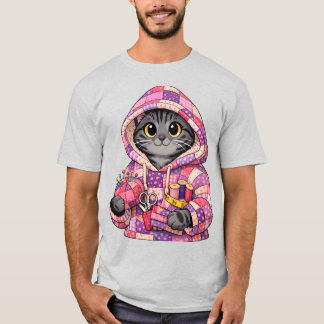 Grey kitty in an upcycled quilt T-Shirt