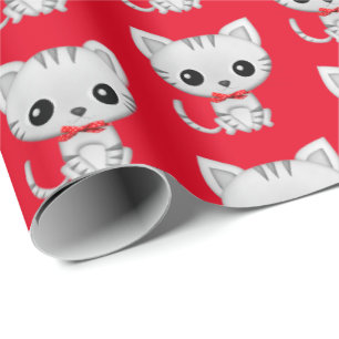 Grey kitty on red wrapping paper