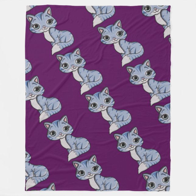 Grey Knit Kitty Cat Fleece Blanket (Front)