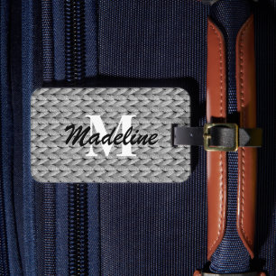 Grey Knitted Luggage Tag + Name, Monogram