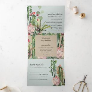 GREY KRAFT FLORAL CACTI FOLIAGE WATERCOLOR WEDDING Tri-Fold INVITATION