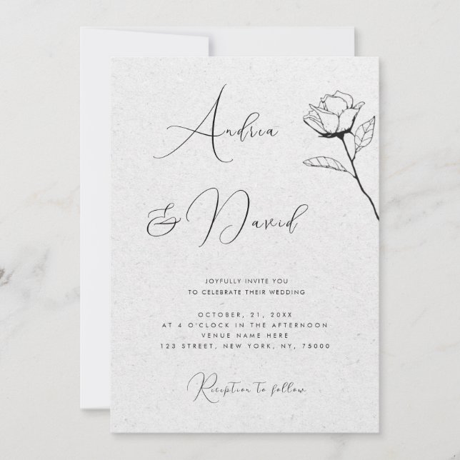 Grey Kraft Look Drawn Rose QR Code RSVP Wedding Invitation (Front)