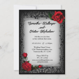 Grey Lace and Roses Parchment Goth Wedding Invitation