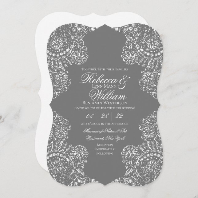 Grey Lace Elegant Vintage Wedding Invitation (Front/Back)