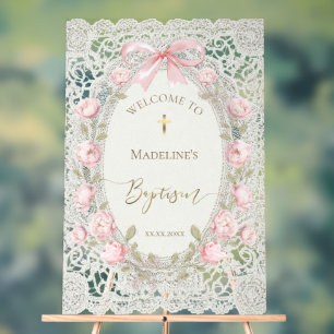 grey lace peonies frame Baptism welcome Acrylic Sign
