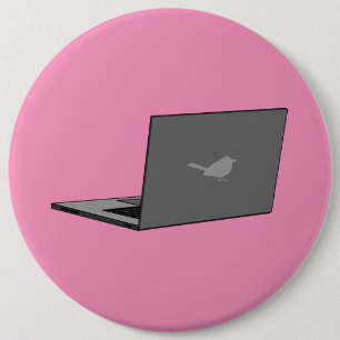 Grey Laptop with Bird Logo Cartoon 6 Cm Round Badge