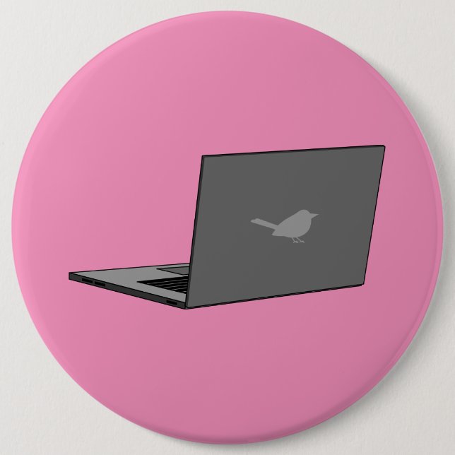 Grey Laptop with Bird Logo Cartoon 6 Cm Round Badge (Front)