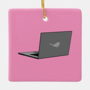 Grey Laptop with Bird Logo Cartoon Ceramic Ornament