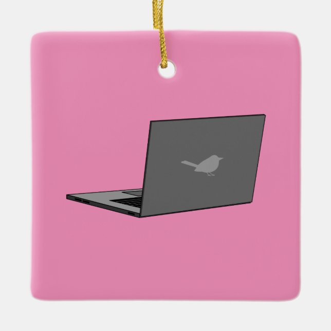 Grey Laptop with Bird Logo Cartoon Ceramic Ornament (Front)