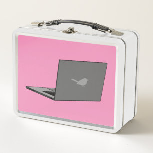 Grey Laptop with Bird Logo Cartoon Metal Lunch Box