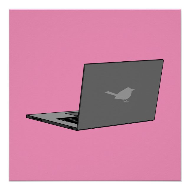Grey Laptop with Bird Logo Cartoon Poster (Front)