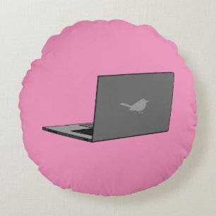 Grey Laptop with Bird Logo Cartoon Round Cushion