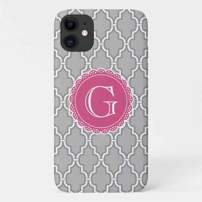 Grey Lattice Floral Pink Monogram Case-Mate iPhone Case (Back)