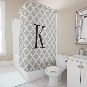 Grey Lattice Large Monogram Farmhouse Bathroom Shower Curtain