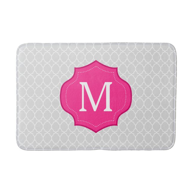 Grey Lattice Pattern Hot Pink Monogram Bath Mat (Front)