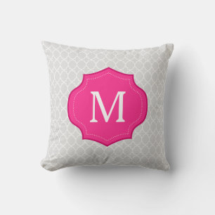 Grey Lattice Pattern Hot Pink Monogram Cushion