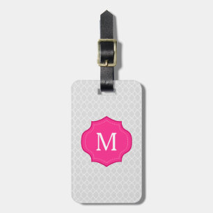 Grey Lattice Pattern Hot Pink Monogram Luggage Tag