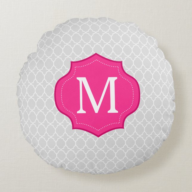 Grey Lattice Pattern Hot Pink Monogram Round Cushion (Front)