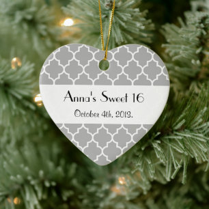 Grey Latticework, Quatrefoil, Trellis, Sweet 16 Ceramic Tree Decoration