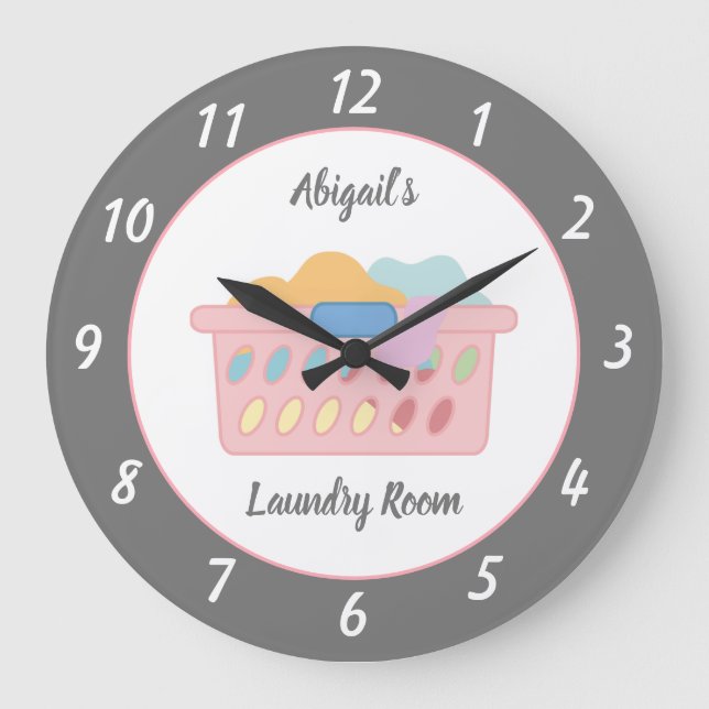 Grey Laundry Room Personalised Large Clock (Front)