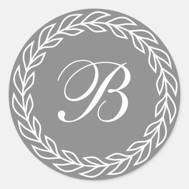 Grey Laurel Wreath with Custom Monogram Classic Round Sticker (Front)