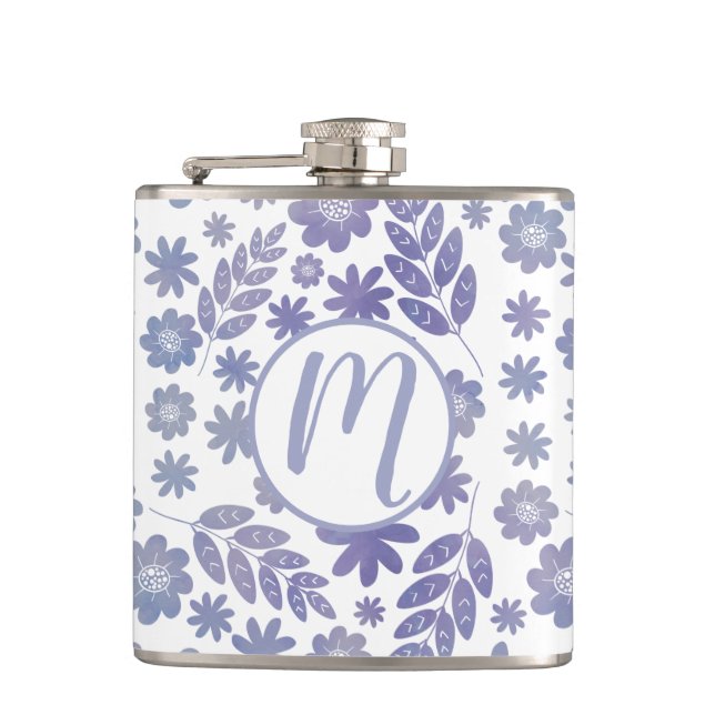 Grey & Lavender Floral Pattern Hip Flask (Front)