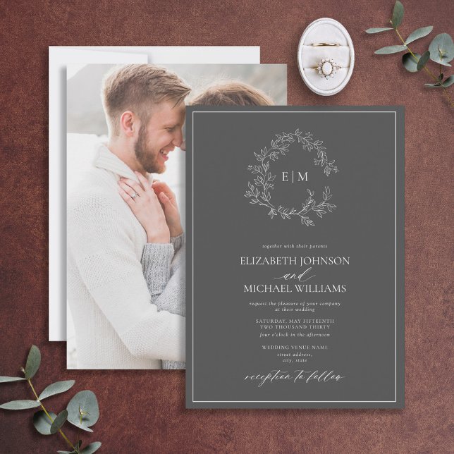 Grey Leafy Crest Monogram Photo Wedding Invitation (Creator Uploaded)