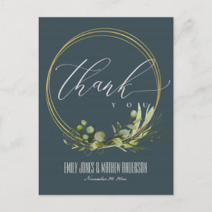 GREY LEAFY FOLIAGE WATERCOLOR WEDDING THANK YOU POSTCARD