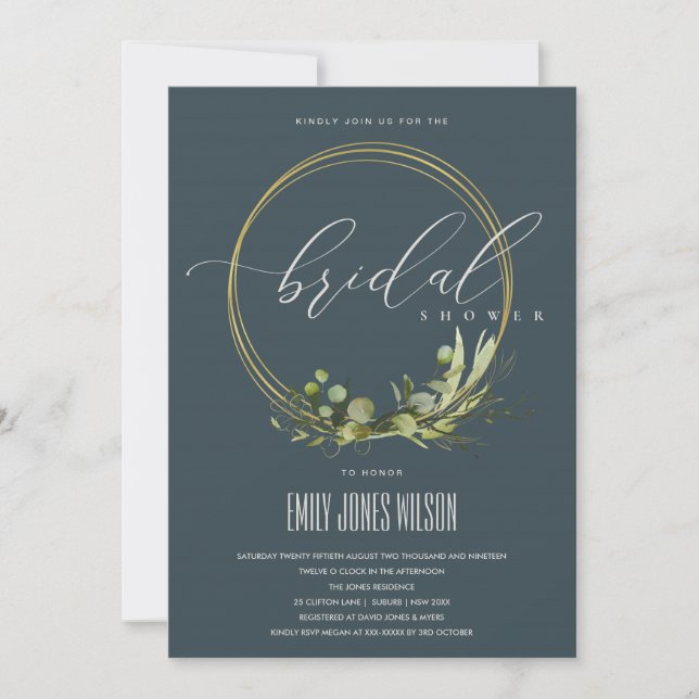 GREY LEAFY GREEN FOLIAGE WATERCOLOR BRIDAL SHOWER INVITATION (Front)