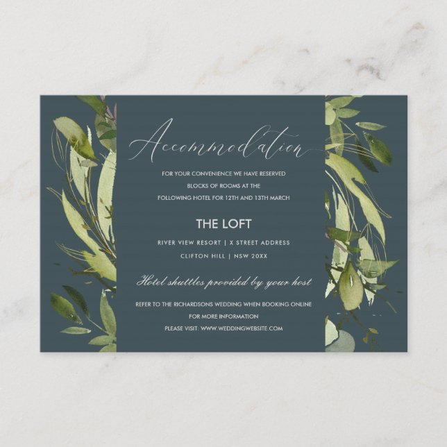 GREY LEAFY GREEN  FOLIAGE WEDDING ACCOMMODATION ENCLOSURE CARD (Front)