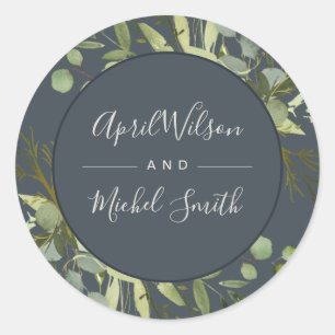 GREY LEAFY GREEN GOLD FOLIAGE WATERCOLOR WEDDING CLASSIC ROUND STICKER