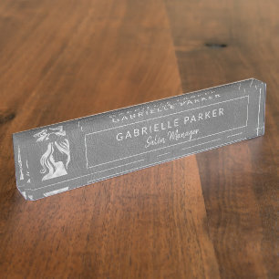 Grey Leather and Silver Logo Hair Salon Manager Nameplate
