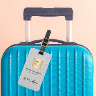 Grey leather gold business company logo name luggage tag
