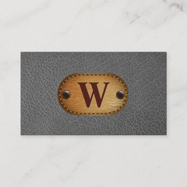 Grey Leather | Monogram Brown Stitched Business Card (Front)