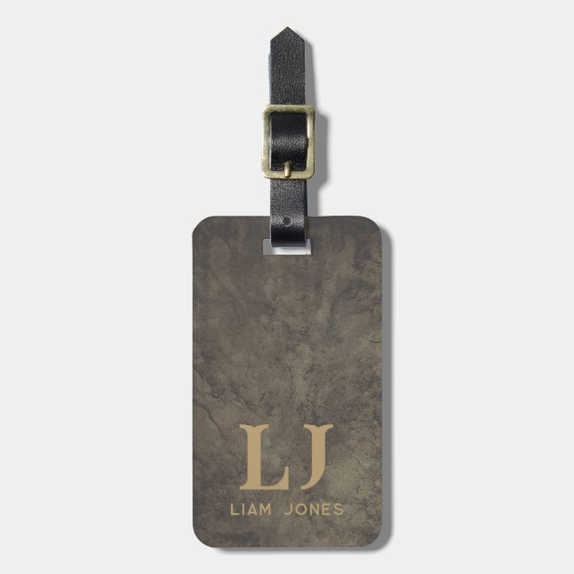 Grey Leather Monogrammed Modern Vintage Luggage Tag (Front Vertical)