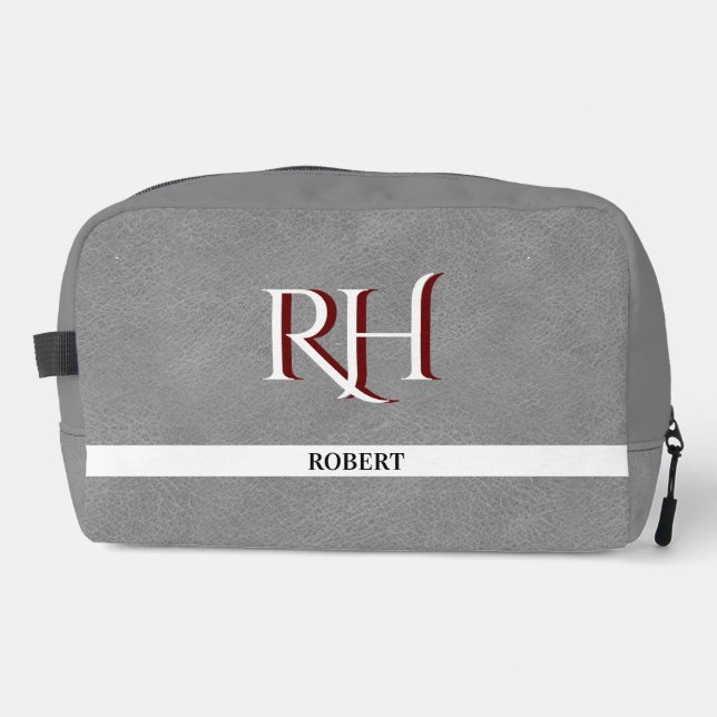 Grey Leather Texture Trim Custom Monogram Name   Dopp Kit (Front)