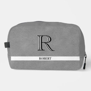 Grey Leather Texture Trim White Monogram Name   Dopp Kit