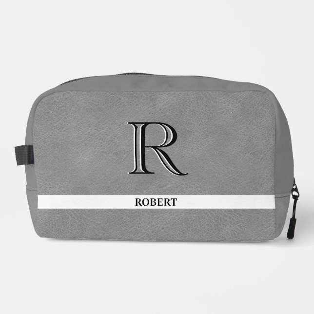 Grey Leather Texture Trim White Monogram Name   Dopp Kit (Front)