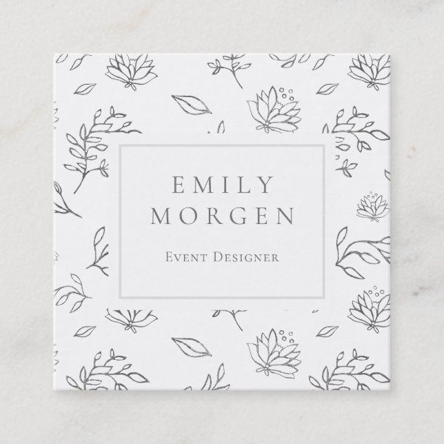 Grey leaves and flowers outline illustration square business card (Front)