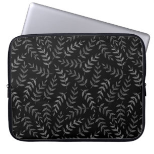 Grey leaves pattern on black laptop sleeve