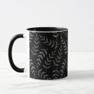 Grey leaves pattern on black mug