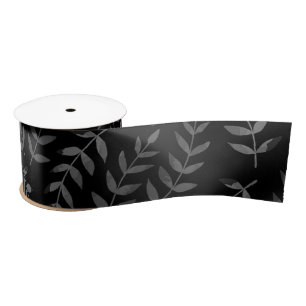Grey leaves pattern on black satin ribbon